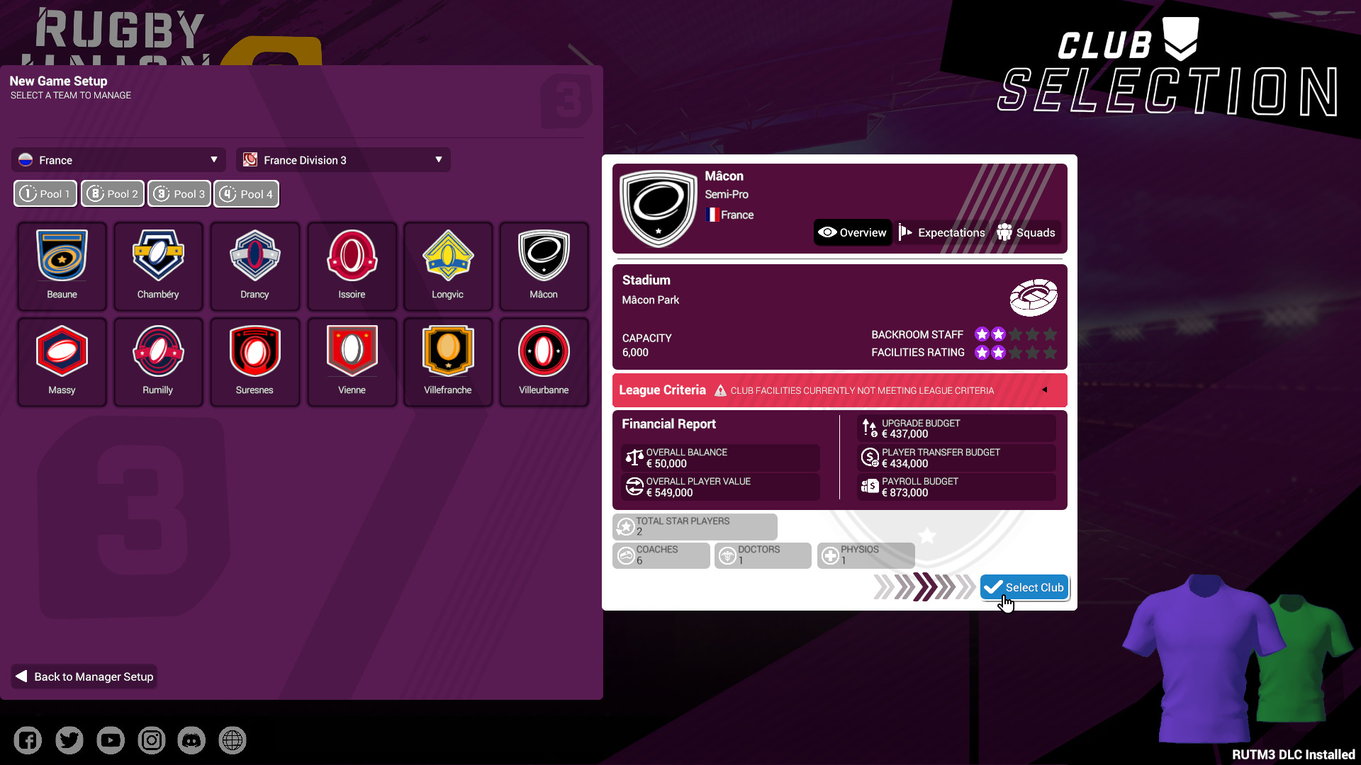 Rugby Union Team Manager 3 DLC “The International Teams and Competitions. Plus extra French Teams and Division” screenshot