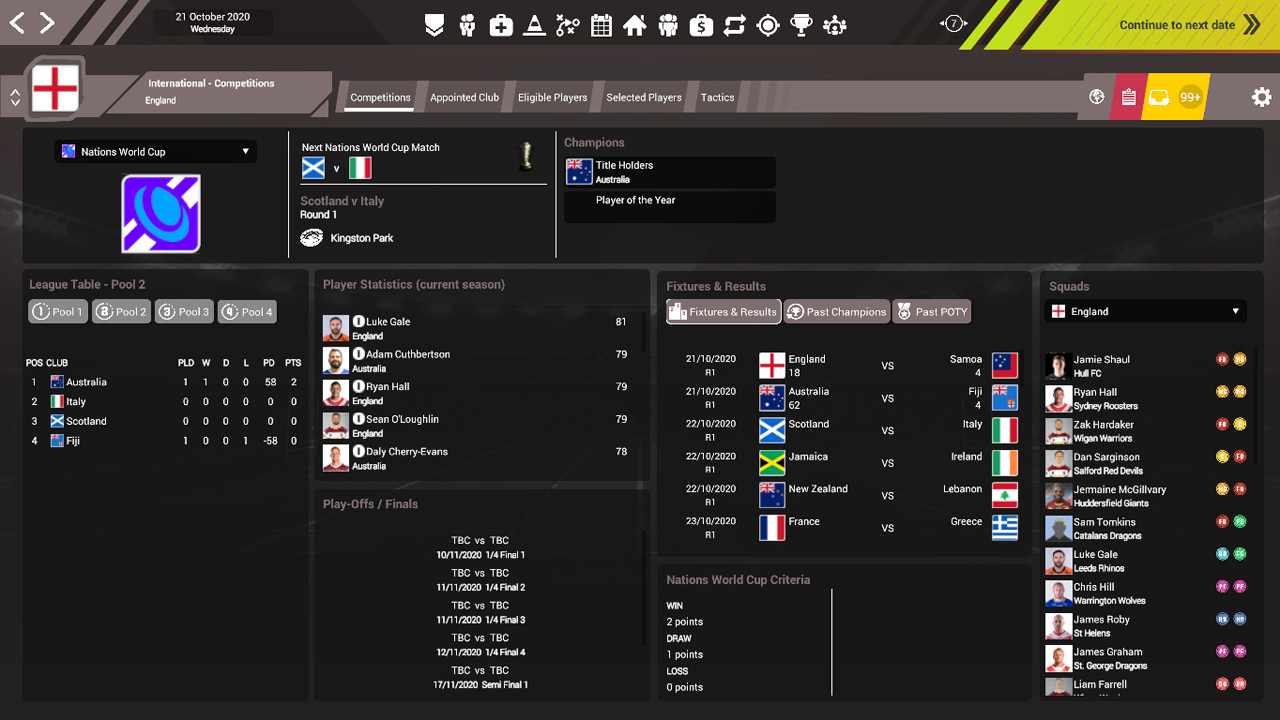 Rugby League Team Manager 3 DLC "Representative & International Teams & Competitions" screenshot