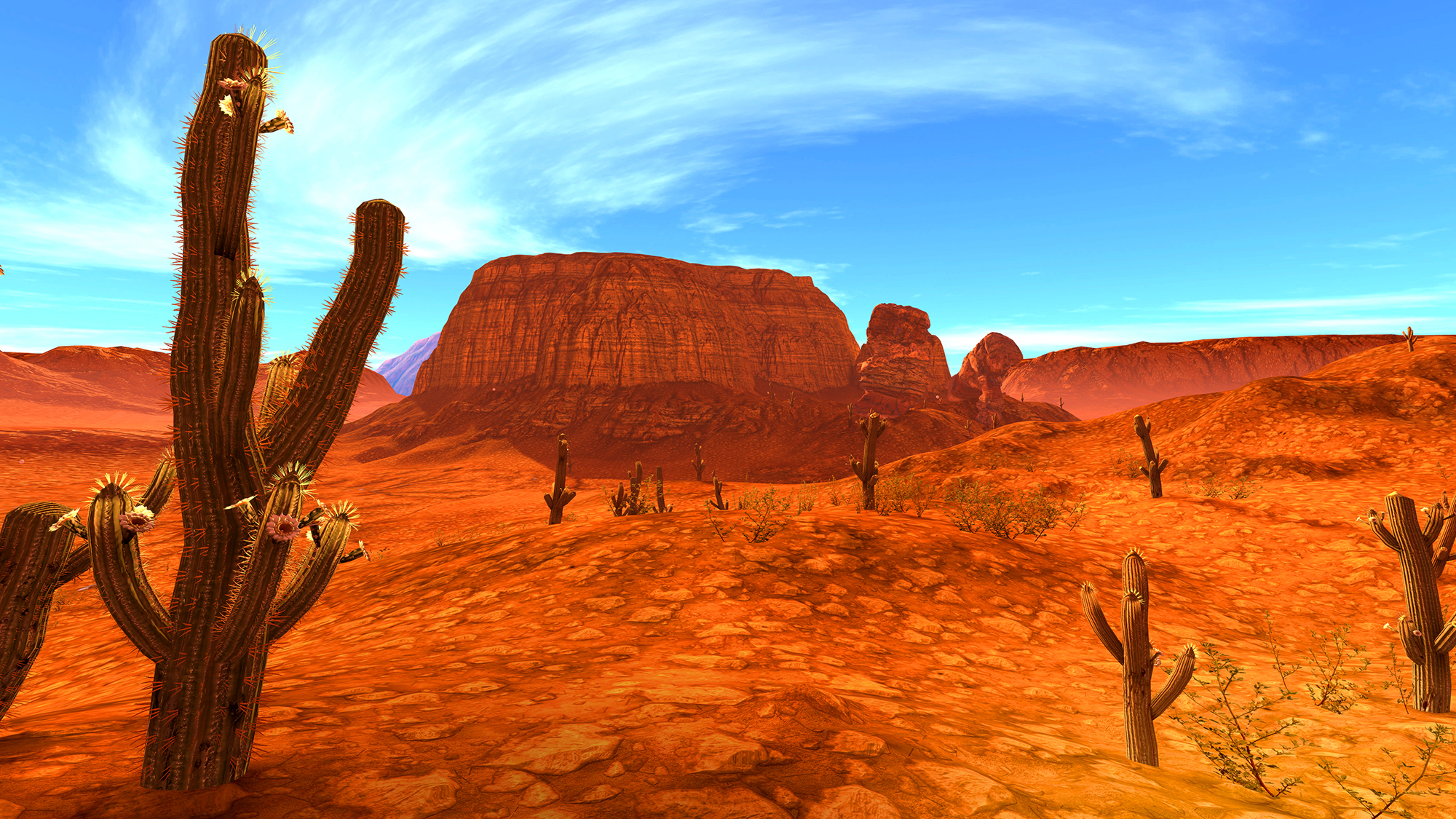  Arid desert landscape with cactii and rock formations under a blue sky with white clouds.