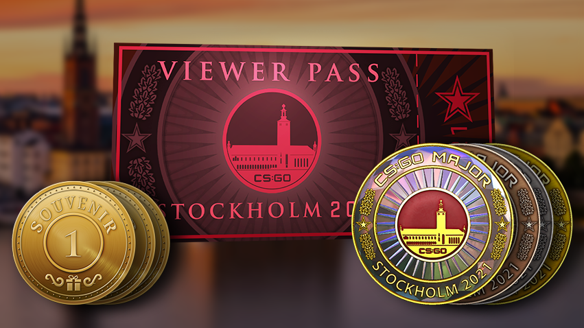 Зрителски пропуск, сувенирни жетони и монета от събитието за значителния CS:GO шампионат в Стокхолм през 2021
