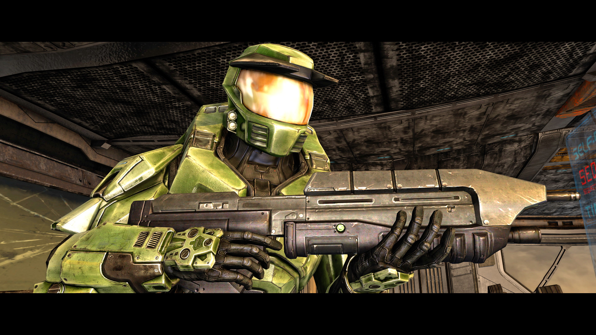 In-game screenshot of Master Chief in Halo: Combat Evolved Anniversary.
