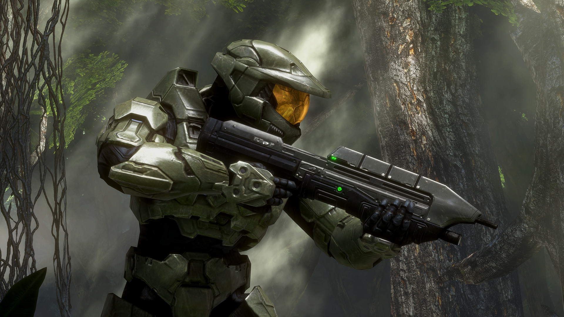 Side profile of Master Chief shouldering an assault rifle in Halo 3.