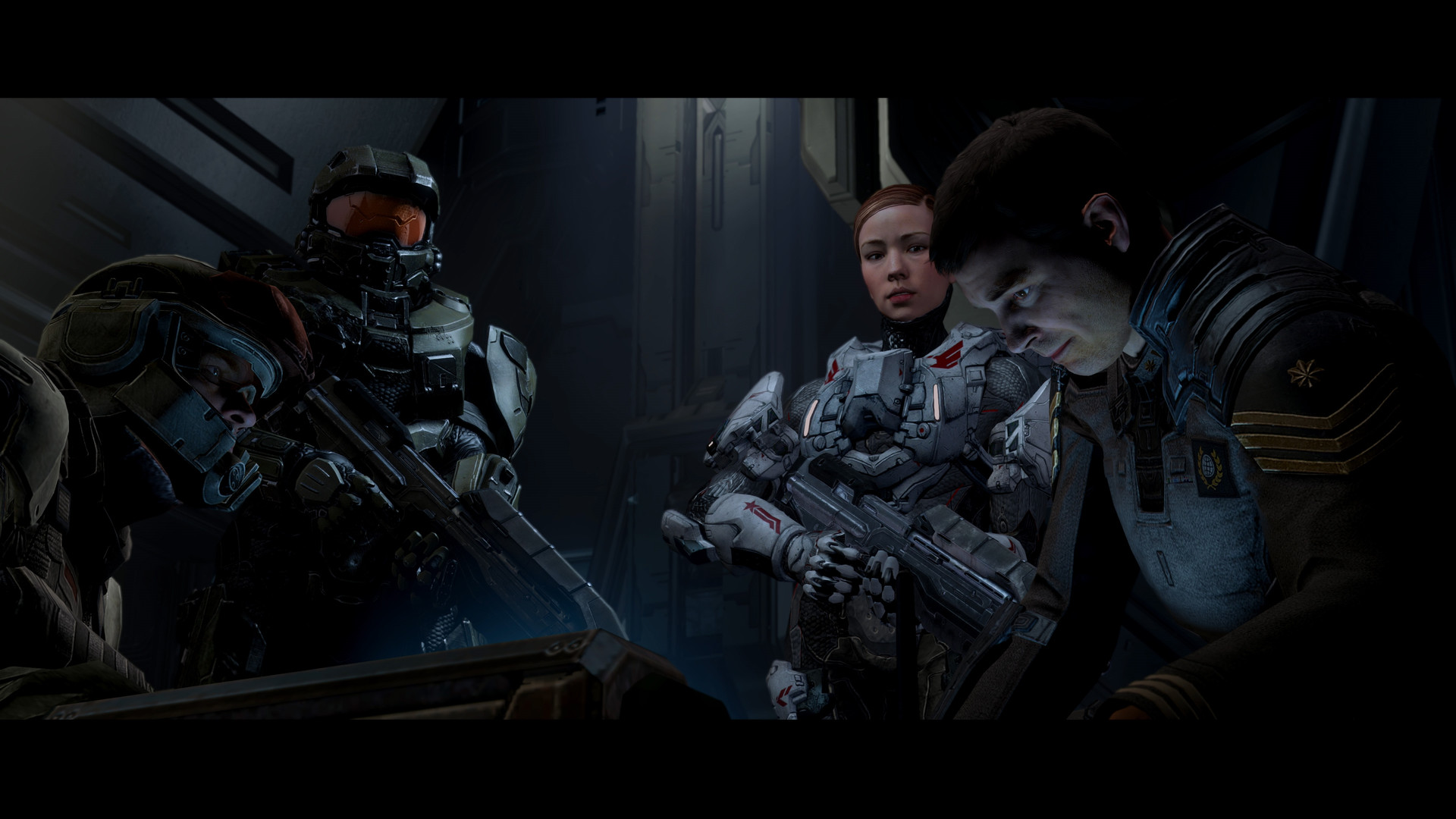 Master Chief looks on as soldiers prepare for a mission in Halo 4.