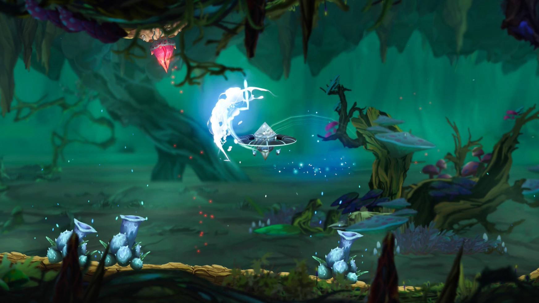 A screenshot from the Moo Lander demo, showing a UFO in a natural forest environment reminiscent of Ori and the Blind Forest