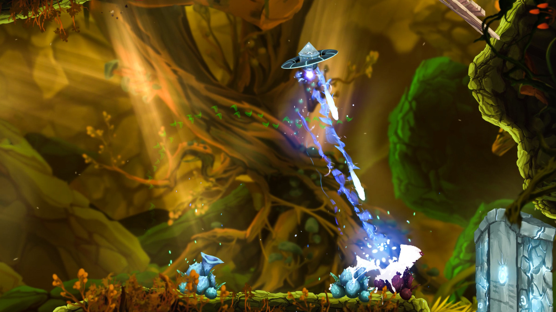 A screenshot from the Moo Lander demo, showing a UFO in a natural forest environment reminiscent of Ori and the Blind Forest