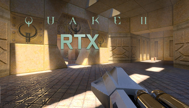 Capa do jogo Quake II - RTX, com o marine entrando em um templo.