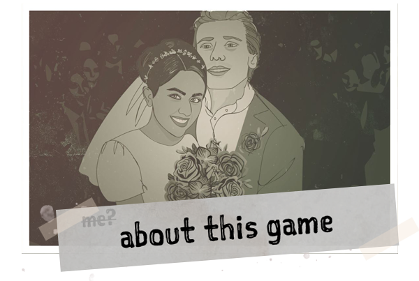 Illustrated couple at their wedding the words 'about this game' in the foreground.