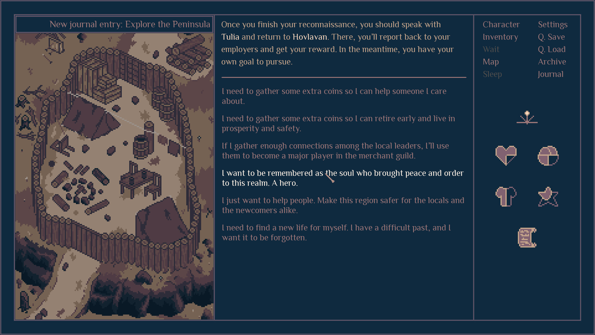 Left side has a pixelated image of a fortified camp. The middle column has text that describes the scene, its characters, the dialogue, and choices for the player. The right panel is the stats of the character and menu options.