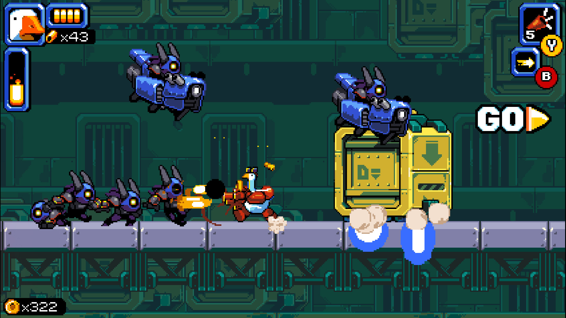 A screenshot of gameplay from the first level of Mighty Goose