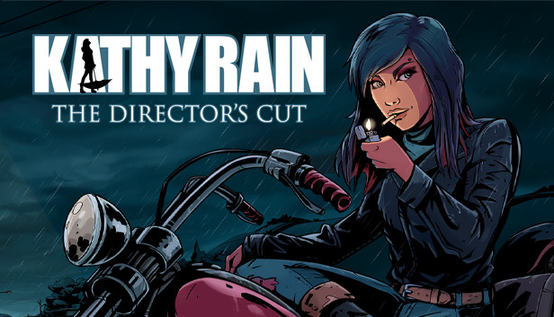 A cartoon drawing of Kathy, a young white woman with black-blue straight hair and red ends is lighting a cigarette. She's sitting on top of a motorcycle wearing her black leather jacket and blue jeans. It's raining and the sky is dark blue. The Kathy Rain logo is in the top left.