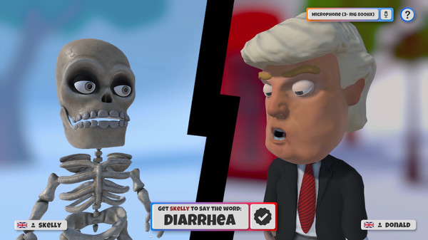 A screenshot from the game Prank Call showing two characters, one a caricature of a public figure with distinctive hair and a suit, and the other a detailed human skeleton. The background is a blurred winter scene. In the foreground, there's a task prompt for the player to 'Get Skelly to say the word: DIARRHEA,' with a speech bubble icon and a check button.