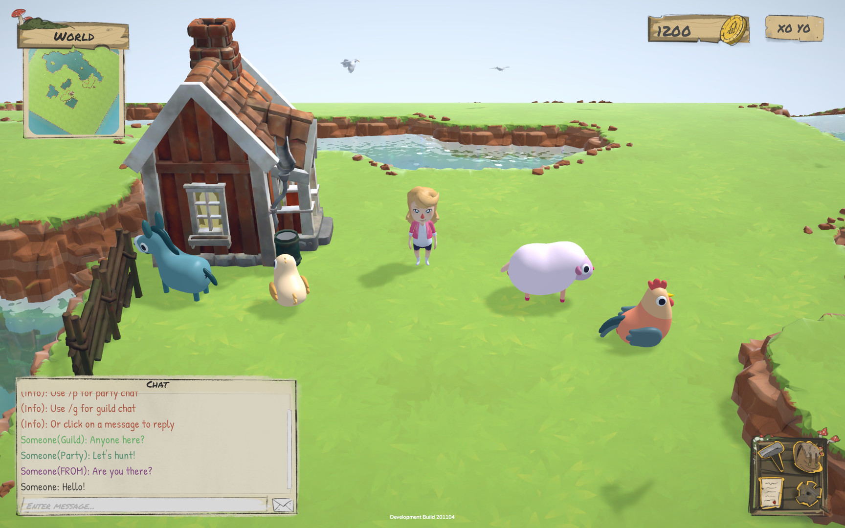 Play Metaverse Games. A farmer and four farm animals standing outside a house in the My Neighbor Alice metaverse game.