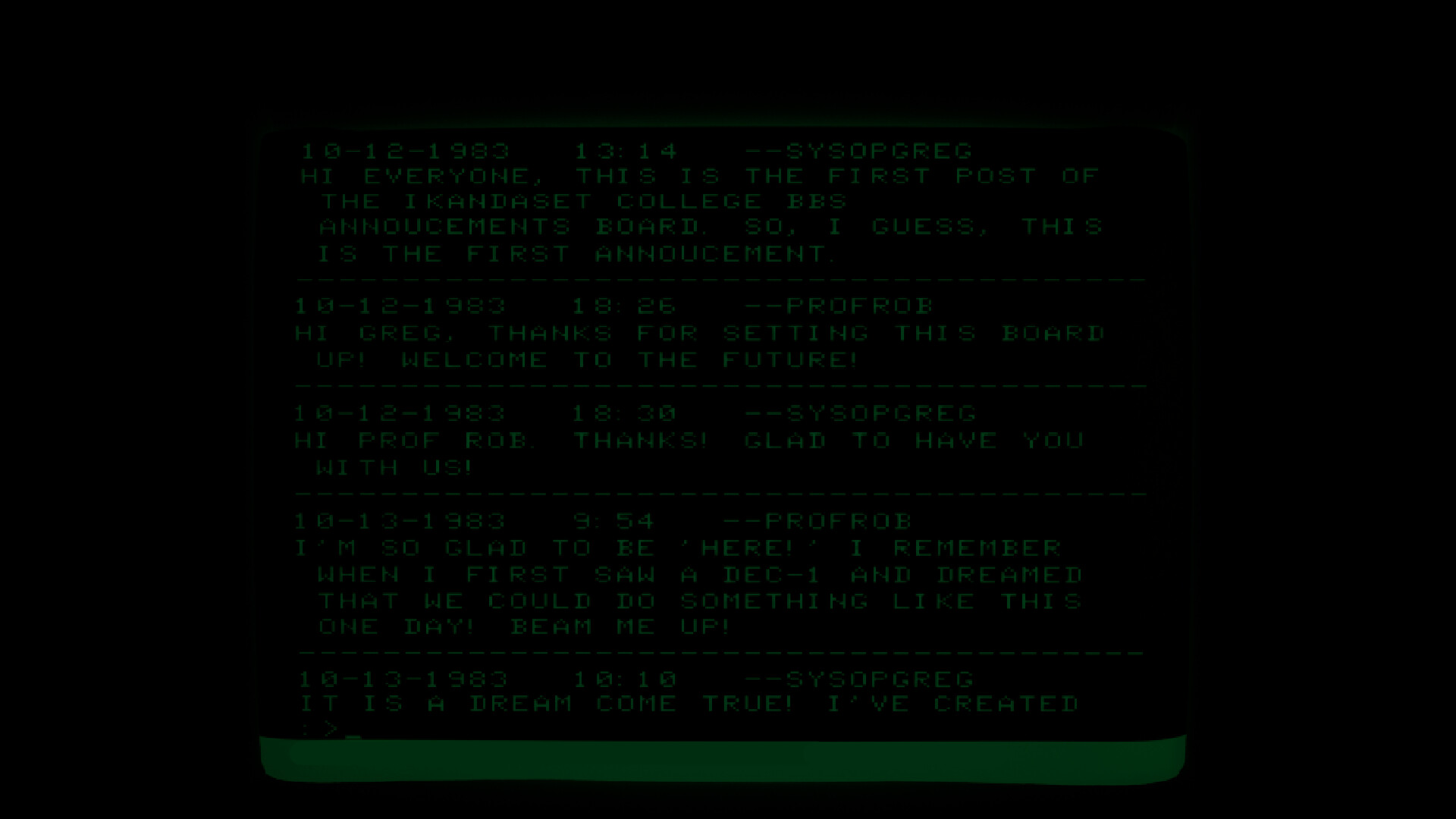 A retro computer screen showing entries in one of the boards on the Ikandaset College BBS