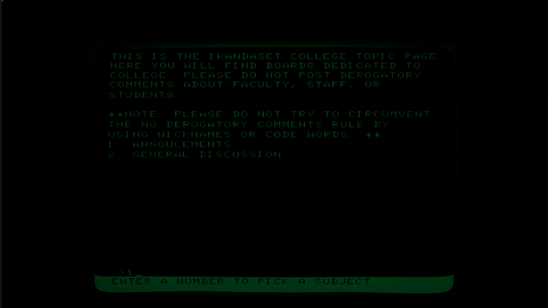 A retro computer screen showing the welcome page of the Ikandaset College BBS