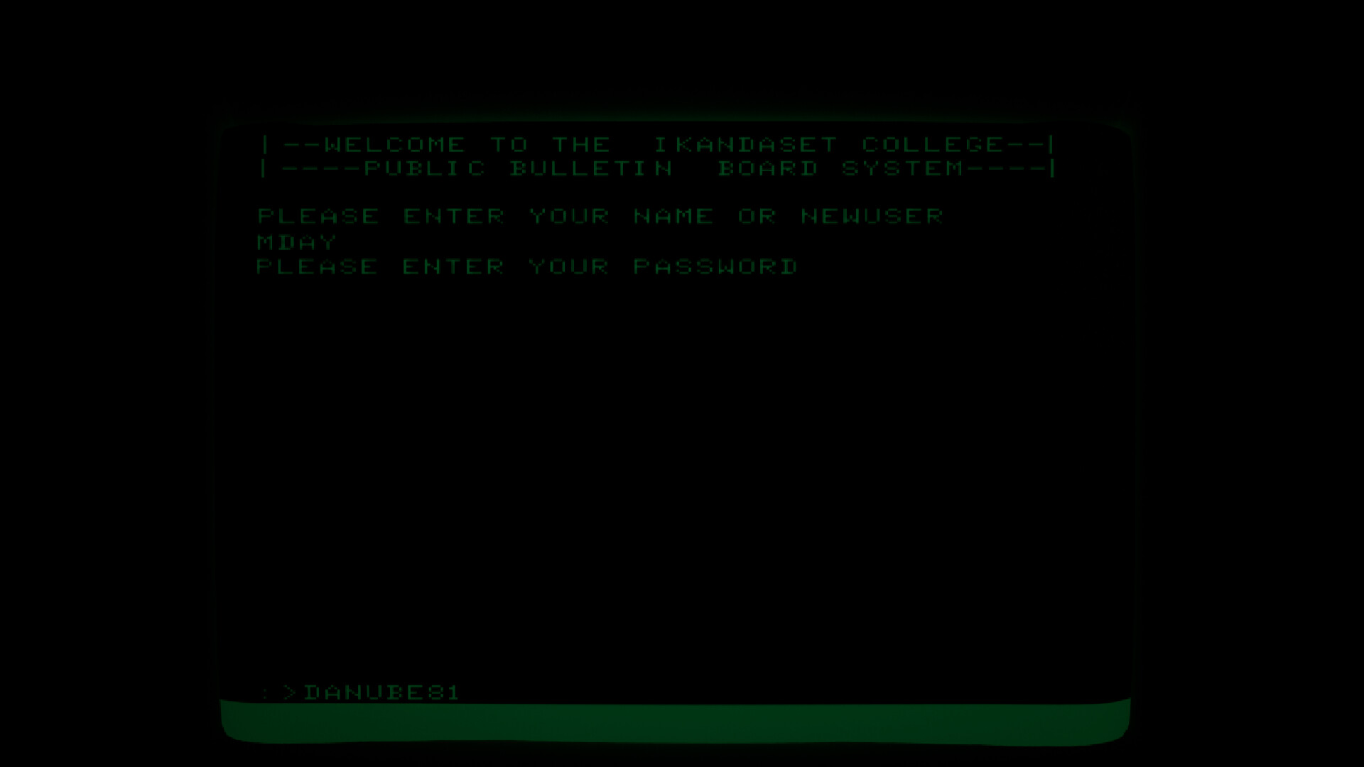 A retro computer screen showing the login for the Ikandaset College BBS