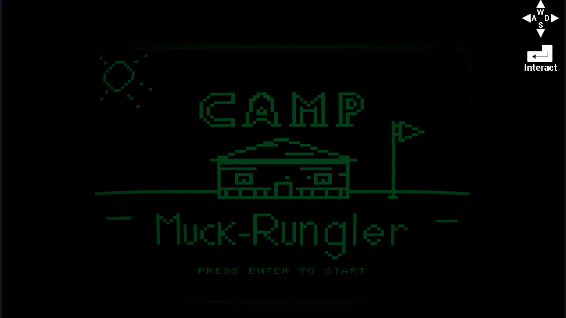 The Camp Muck-Rungler retro splash screen. Shows a cabin with a flag.