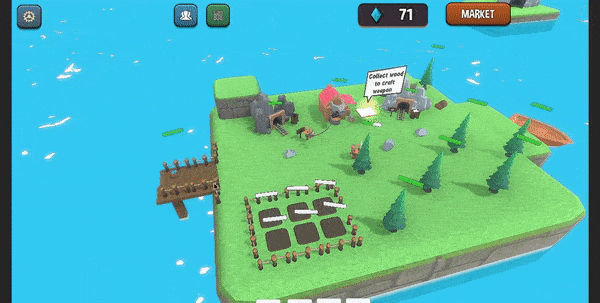 a cartoon 3D environment with clean blue water a vibrand green island in the center and a cute 3D fox fishing in a wooden fishing point. in the small island also have some cute pine tree a small house and a small square with gound for planting some fruits with fences around 