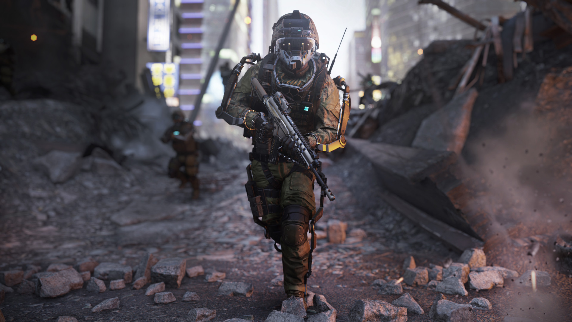Soldier running through the rubble of a destroyed building wearing an advanced exosuit and holding a riflt with a gas mask.