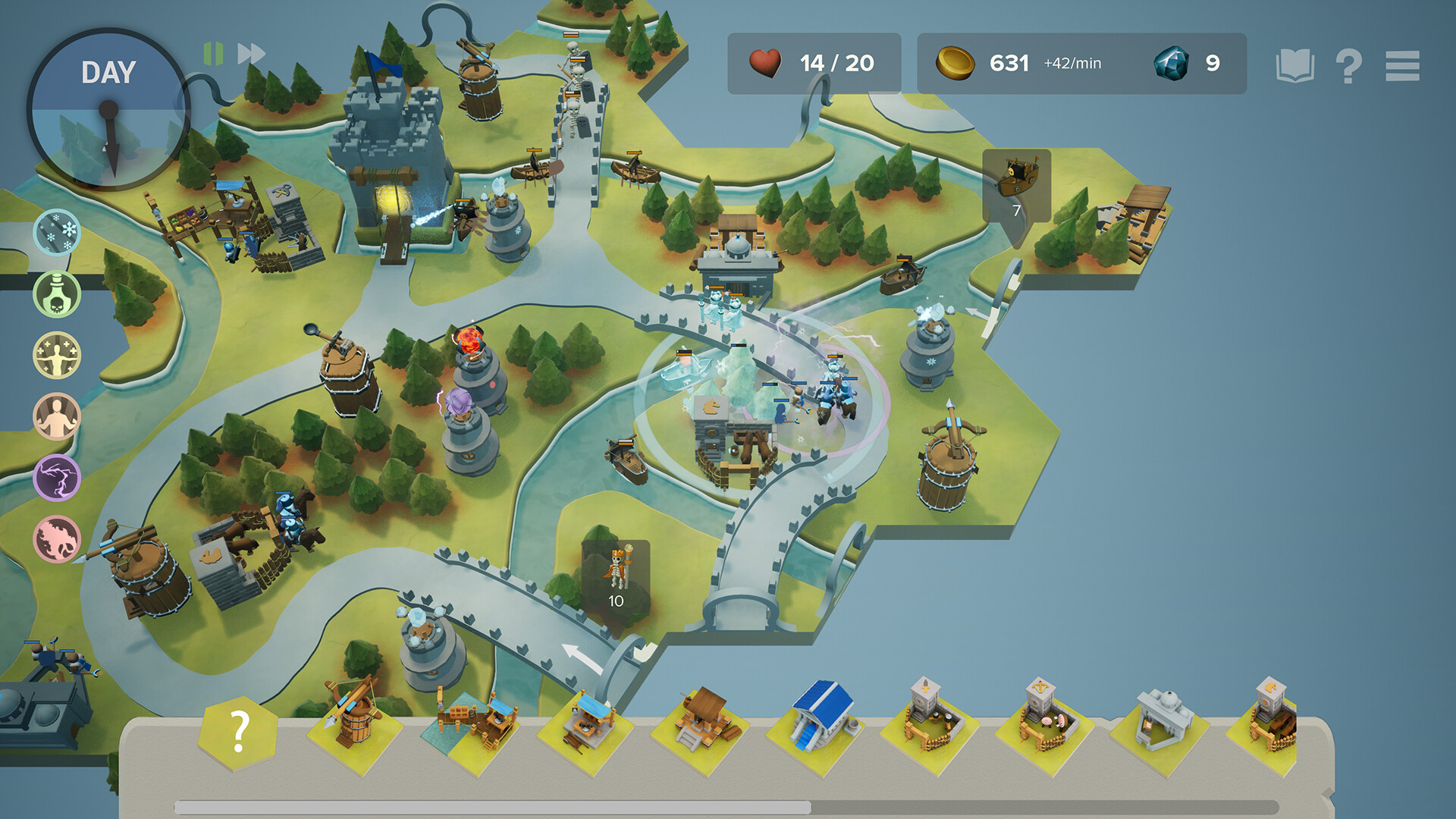 Hexguardian gameplay showing hexagonal tiles, towers and enemy paths