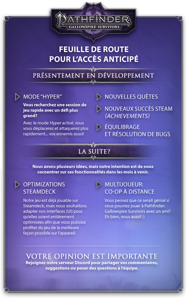HORS RPG - Pathfinder : Gallowspire Survivors : Sorti en accès anticipé 4 Early Access Roadmap French | RPG Jeuxvidéo