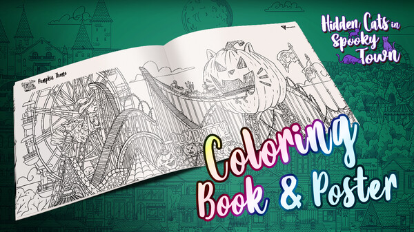 Hidden Cats in Spooky Town - Printable PDF Coloring Book and Poster