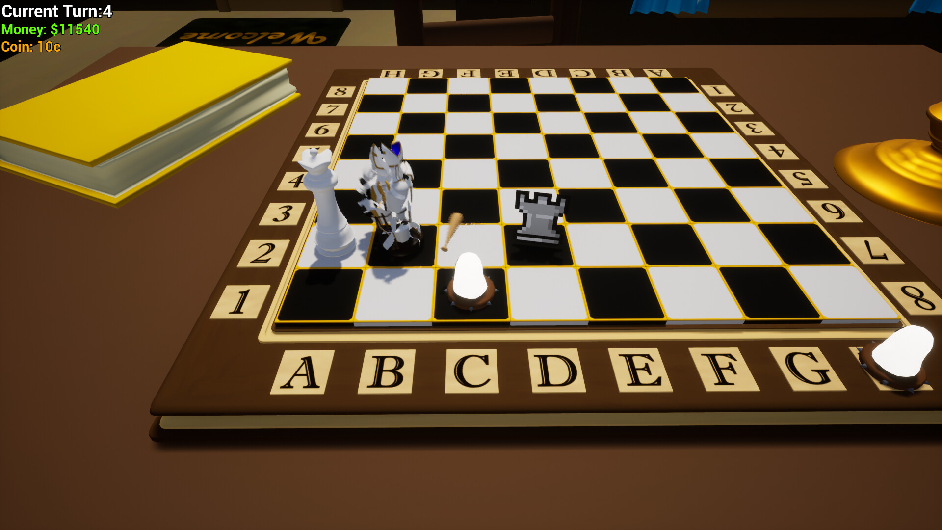 Dynamic illustration of a chess-themed roguelike game featuring animated chess pieces in a mystical dungeon environment.