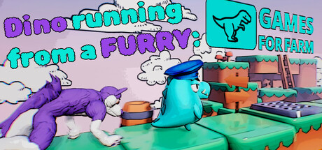 Dino running from a FURRY: GAMESFORFARM banner