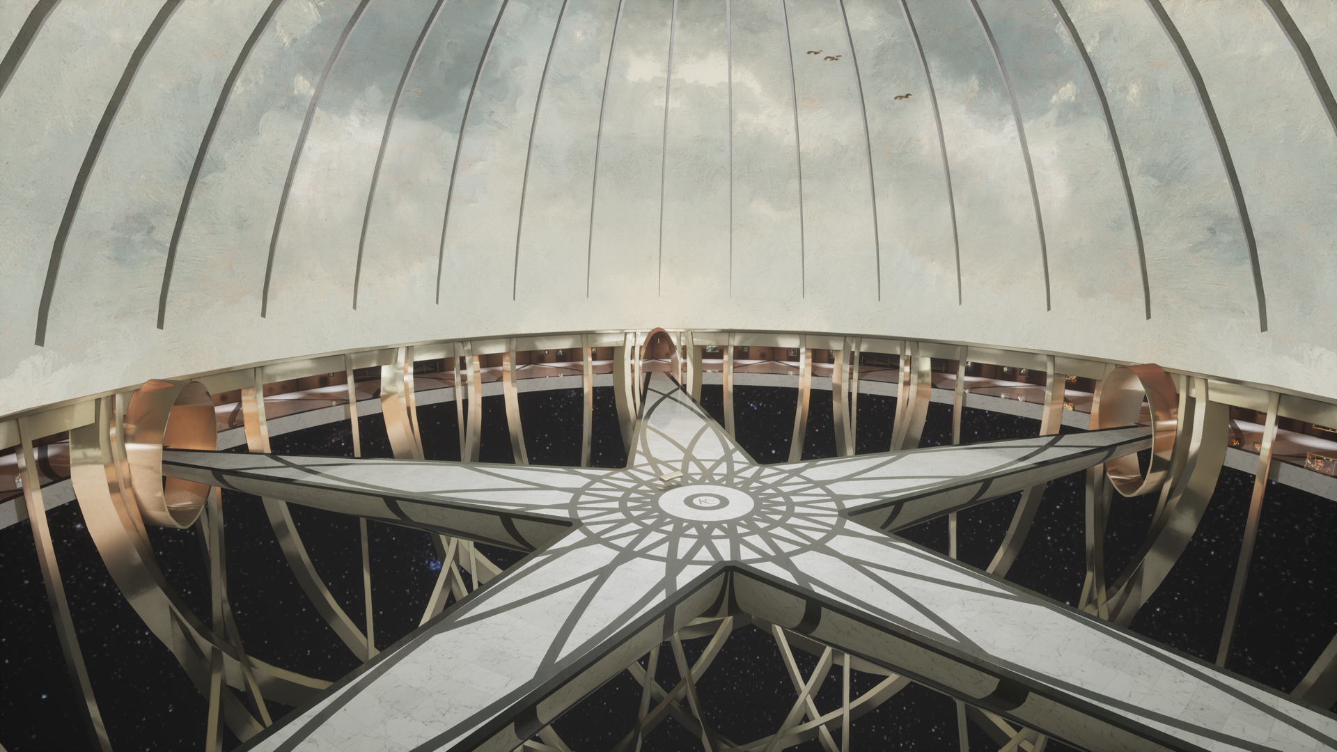 A virtual museum structure with a glass dome roof, walkways and exhibits along the outer wall, and a star-like platform of walkways connected to the outer ring at five points