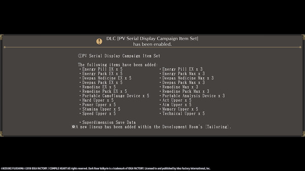 Dark Rose Valkyrie: PV Serial Display Campaign Item Set for steam Dark Rose Valkyrie: PV Serial Display Campaign Item Set for steam