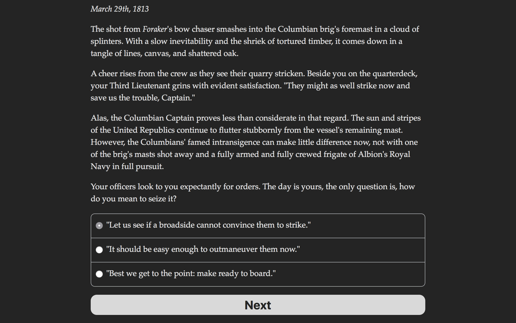 Choice of Broadsides: HMS Foraker Demo #2